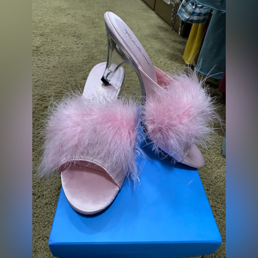 Pink feather acrylic and satin kitten heels- brand new never worn.